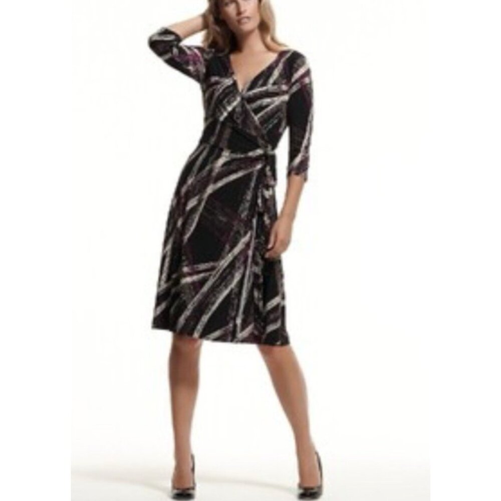 Jones NY Dress 8 Classic Stretch Wrap Career 3/4 Long Sleeve Black Cream Purple